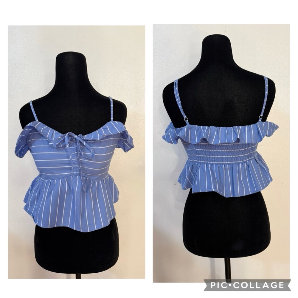 Express Blue and White Sleeveless Tie Front Peplum Blouse